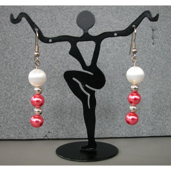 Rose & White Beaded Necklace, Dangle Earrings Silver Accents Magnetic Clasp - Picture 2 of 5